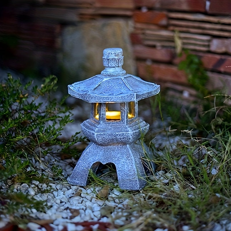 Garden Solar Glazed Pagoda Lamp Statue, Suitable for Indoor and Outdoor Use, Perfect for Adding a Touch of Zen Asian Style to Your Landscape, Balcony, Garden, Patio or Porch. Made of Polyester Resin with Grey Stone Base