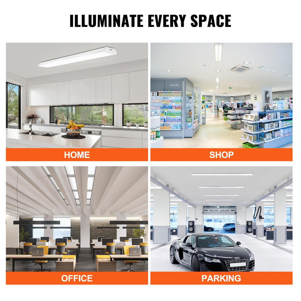 VEVOR 4/8 ft LED wrap light, 50W, 5500LM recessed LED shop light, 4-pack 6500K daylight LED kitchen ceiling light fixture, suitable for garage, office, laundry room fluorescent light replacement, FCC certified