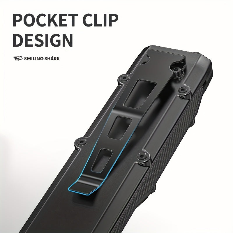 SMILING SHARK SD5308 LED Flashlight with 9 Different Modes, Type-C Rechargeable, Built-in High-Brightness COB Floodlight. It Features a Tail Switch for Easy Carrying, Digital Battery Level Display, and a Pocket Clip.