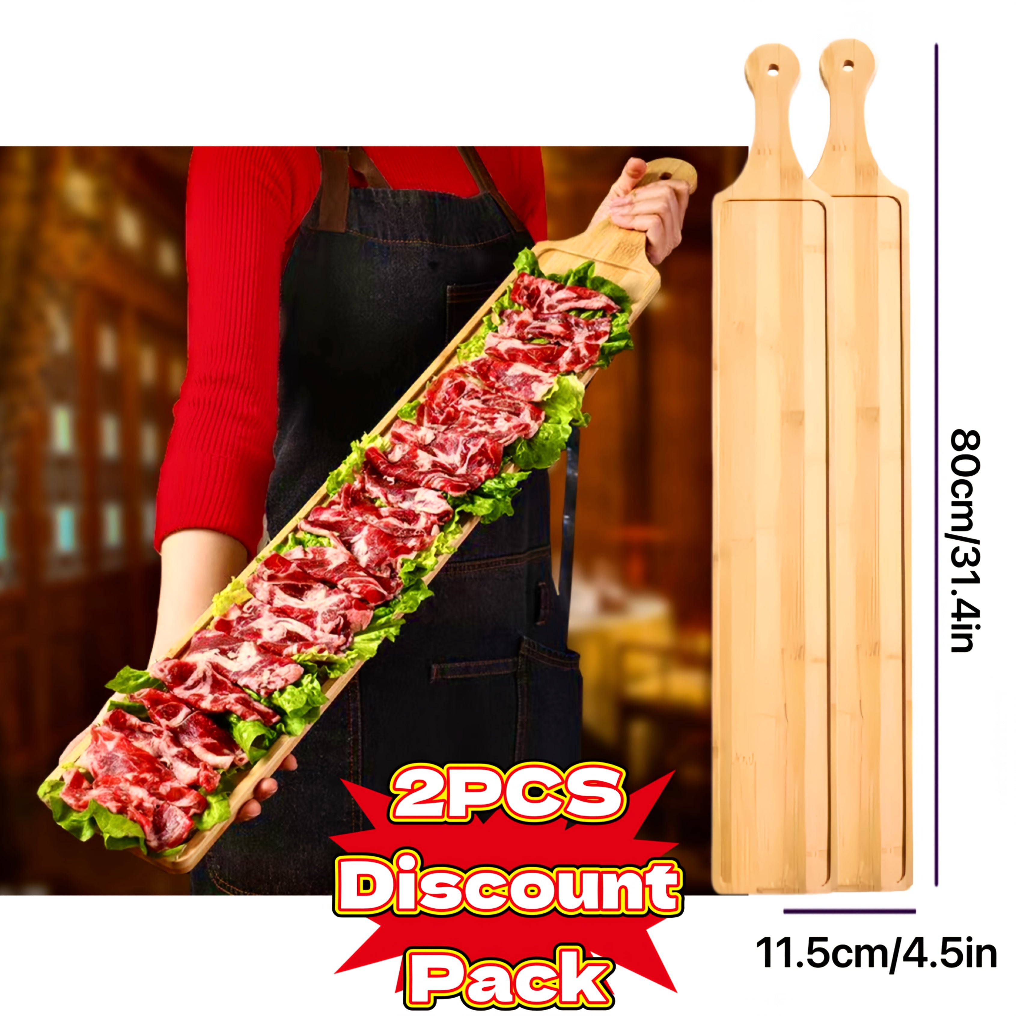 1PC/2PCS Bamboo Rectangular Tray, Up to 31.4in / 80cm – Perfect for Hot Pot, Steak, Appetizers – Durable Kitchen & Restaurant Serveware – Natural Bamboo Display Board, 3 Sizes Available for Multiple Scenarios