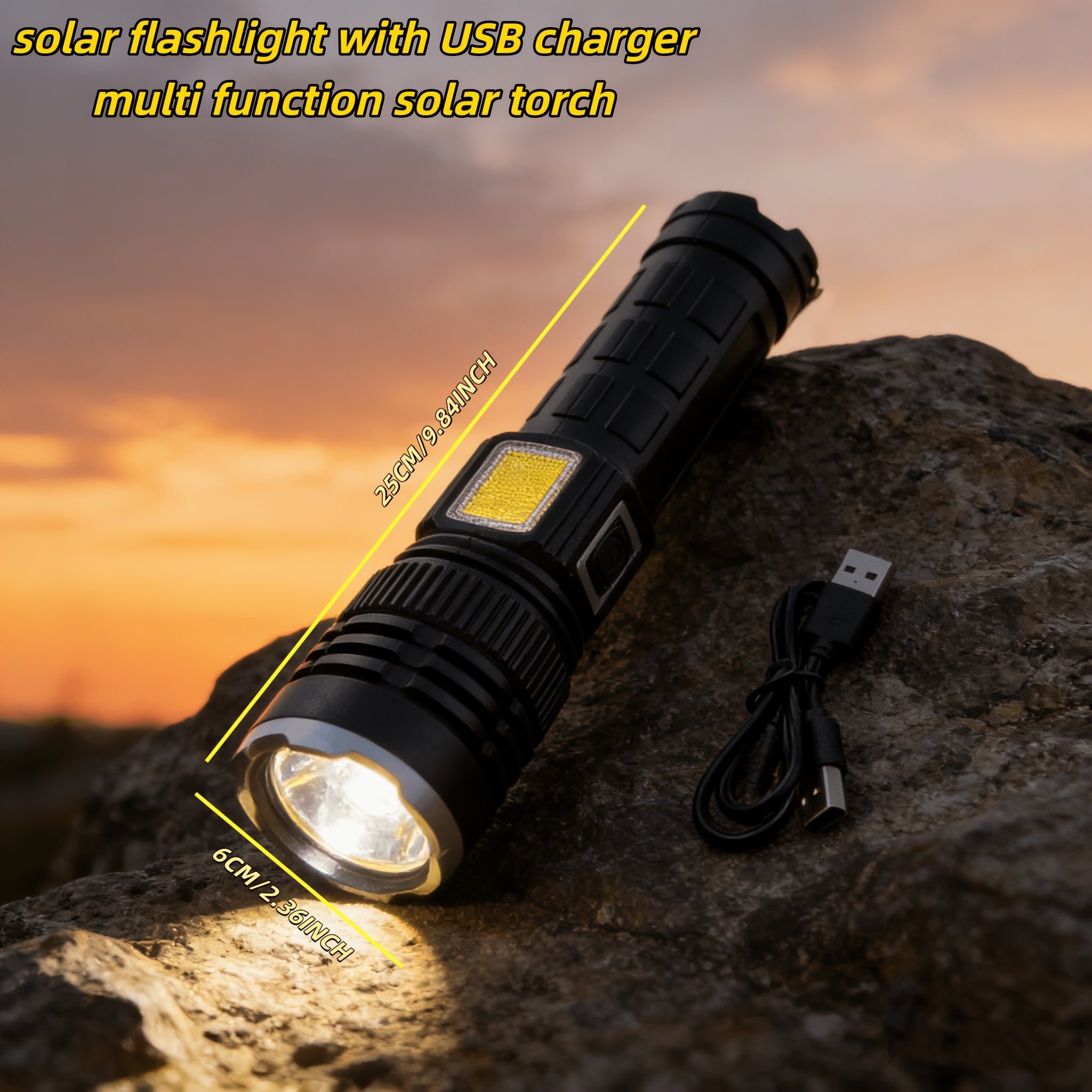 Solar Charging LED Flashlight High Lumen 2400mAh Battery COB Side Fill Light 9 Lighting Modes Zoomable & Beam Adjustable Non-Slip Grip Handheld Flashlight for Camping Mountaineering Home Daily Lighting