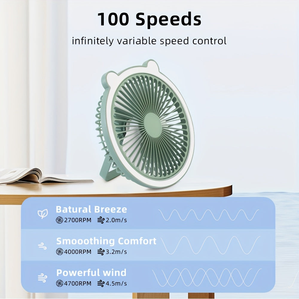 Rechargeable Portable Fan with Desktop Lighting Function, 3 Wind Speed Modes, Up to 7 Hours Runtime, Multi Placement Design, Ideal for Outdoor Activities and Travel