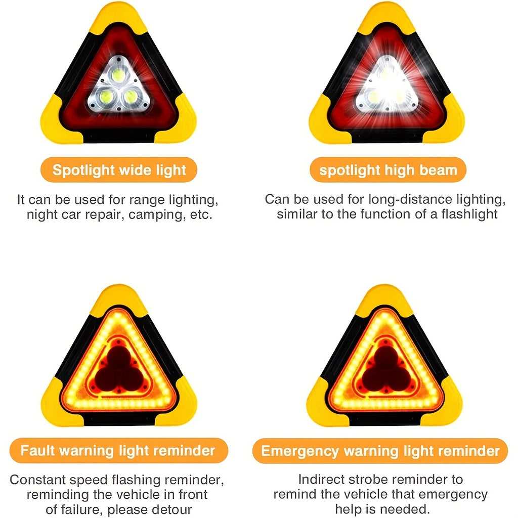 1-Portable LED Traffic Warning Light with COB Beads, USB Rechargeable Emergency Warning Sign, Solar Triangle Light with Built-in Battery, Safety Model for Roadside, Site & Vehicle Breakdown Use