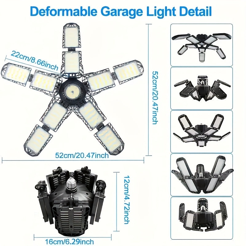 LED Ten-Leaf Folding Garage Light - High Power Ultra-Bright Ceiling/Wall Light, Removable Blades, Wide Voltage (110-240V), Compatible with Emergency Backup, Semi-Flush/Flush Mount Installation, Suitable for Garage