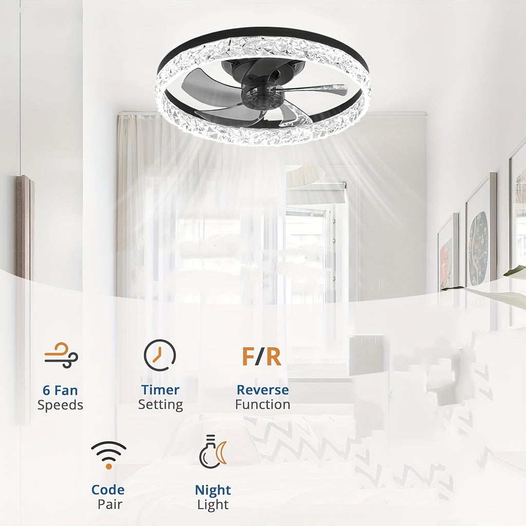 Low Profile Ceiling Fan with Light and Remote Control, Fandelier 19.7 Inch Semi-Flush Mount, 3000K-6500K Smart Bladeless LED, Black Modern Bedroom Ceiling Fan, Acrylic Lampshade, Hardwired, Remote Control