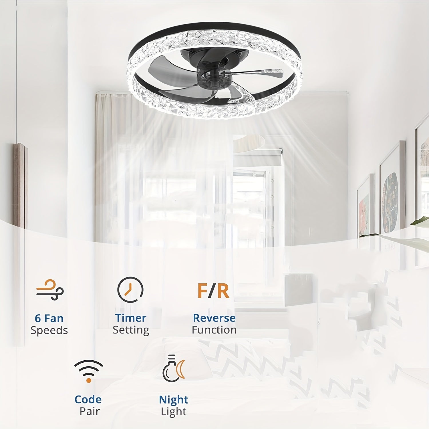 Low Profile Ceiling Fan with Light and Remote Control, Fandelier 19.7 Inch Semi-Flush Mount, 3000K-6500K Smart Bladeless LED, Black Modern Bedroom Ceiling Fan, Acrylic Lampshade, Hardwired, Remote Control
