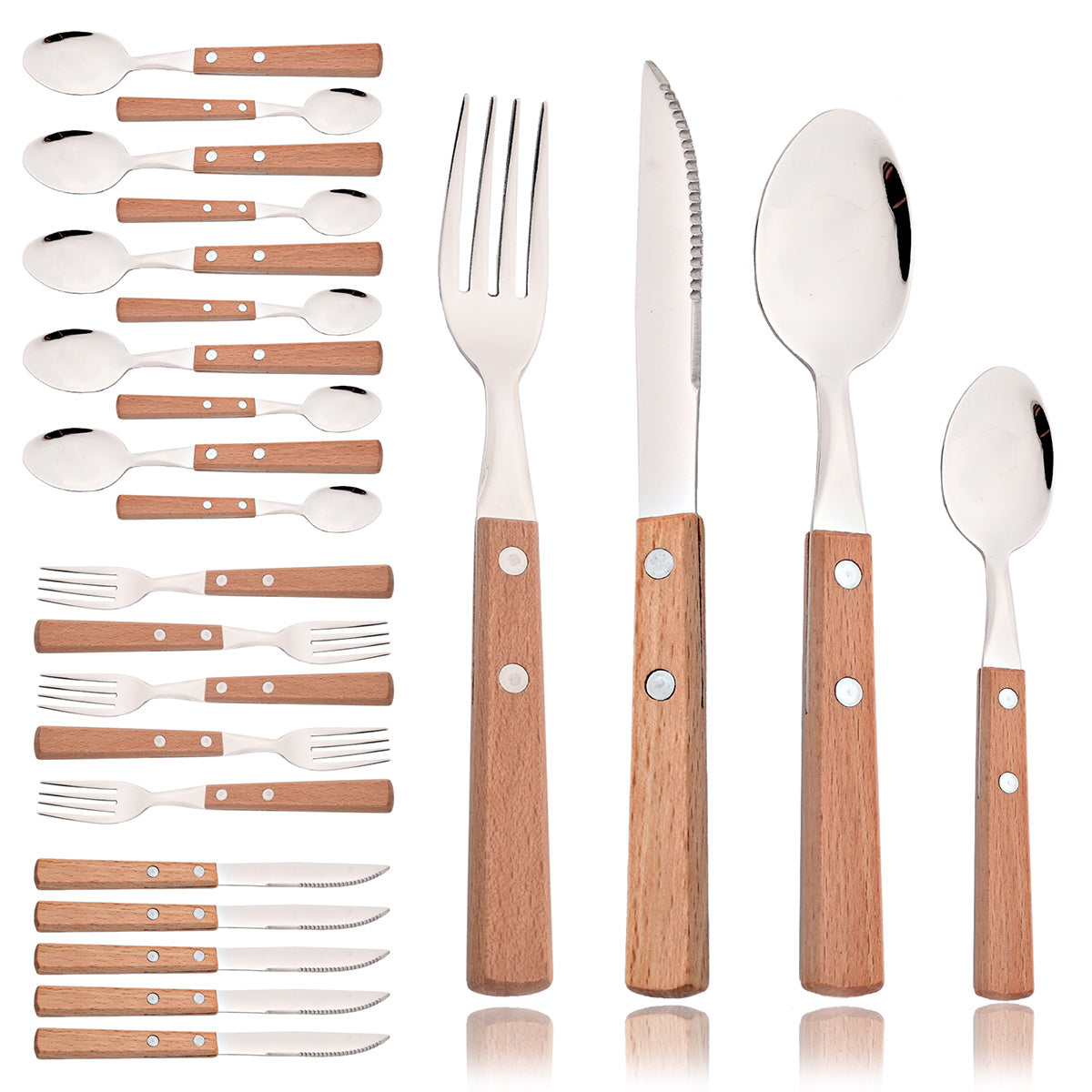 24-Piece Stainless Steel Cutlery Set with Wooden Handles – Mirror Polished Knife, Fork, Spoon & Tea Spoon – Vintage Flatware Set Service for 6 – Perfect for Home, Restaurant & Weddings