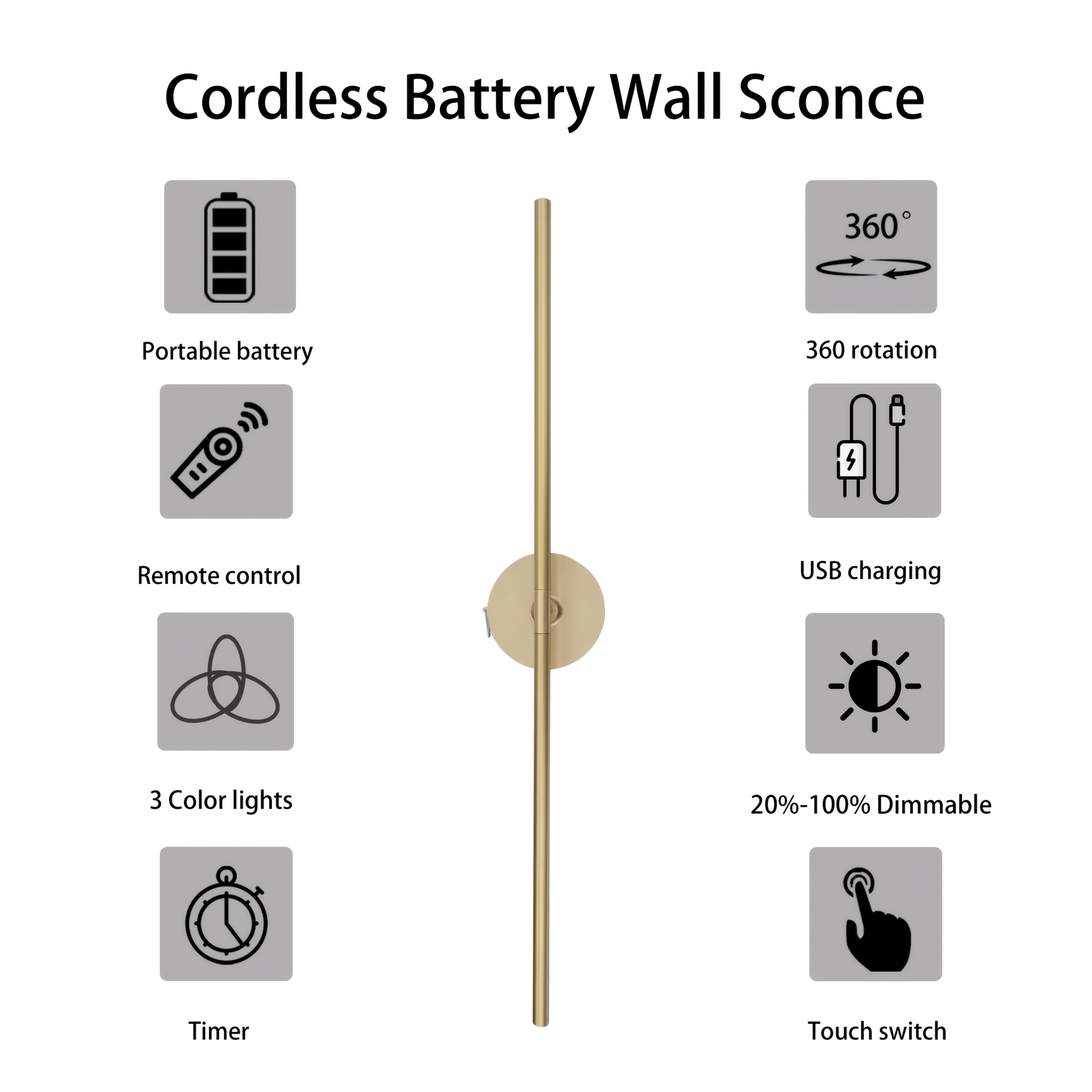 Rechargeable High-Capacity Battery Metal Light Tube Suitable for Picture Display Light, Hallway, Living Room Decoration and Various Scenes, 360° Rotating Cordless Wall Light, Multiple Brightness Levels Adjustable