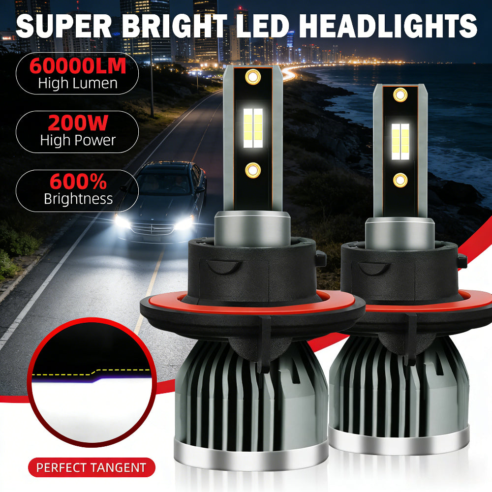 -Pack LED Headlights 60000 Lumens High Brightness 200W High Power 600% Brightness Increase 6000K White Light Output Equipped with High-Efficiency Turbo Fan Cooling Design Fits Most Car Models Plug-and-Play