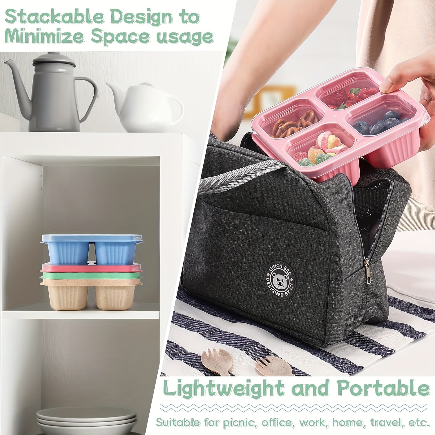 2-Piece Bento Box Set with Lids, 4-Compartment Meal Prep Container – Perfect for Meal Prep, Camping, Office – Microwave & Dishwasher Safe (4 Colors Available) – Back-to-School Lunch Box