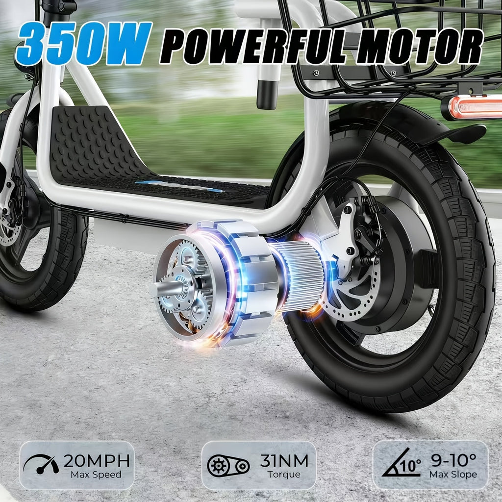 14英寸电动滑板车，350W 36V成人电动滑板车，双制动，双碟刹，车头可折叠轻便电动滑板车，城市通勤智能滑板车，带购物篮，节日礼物，生日礼物