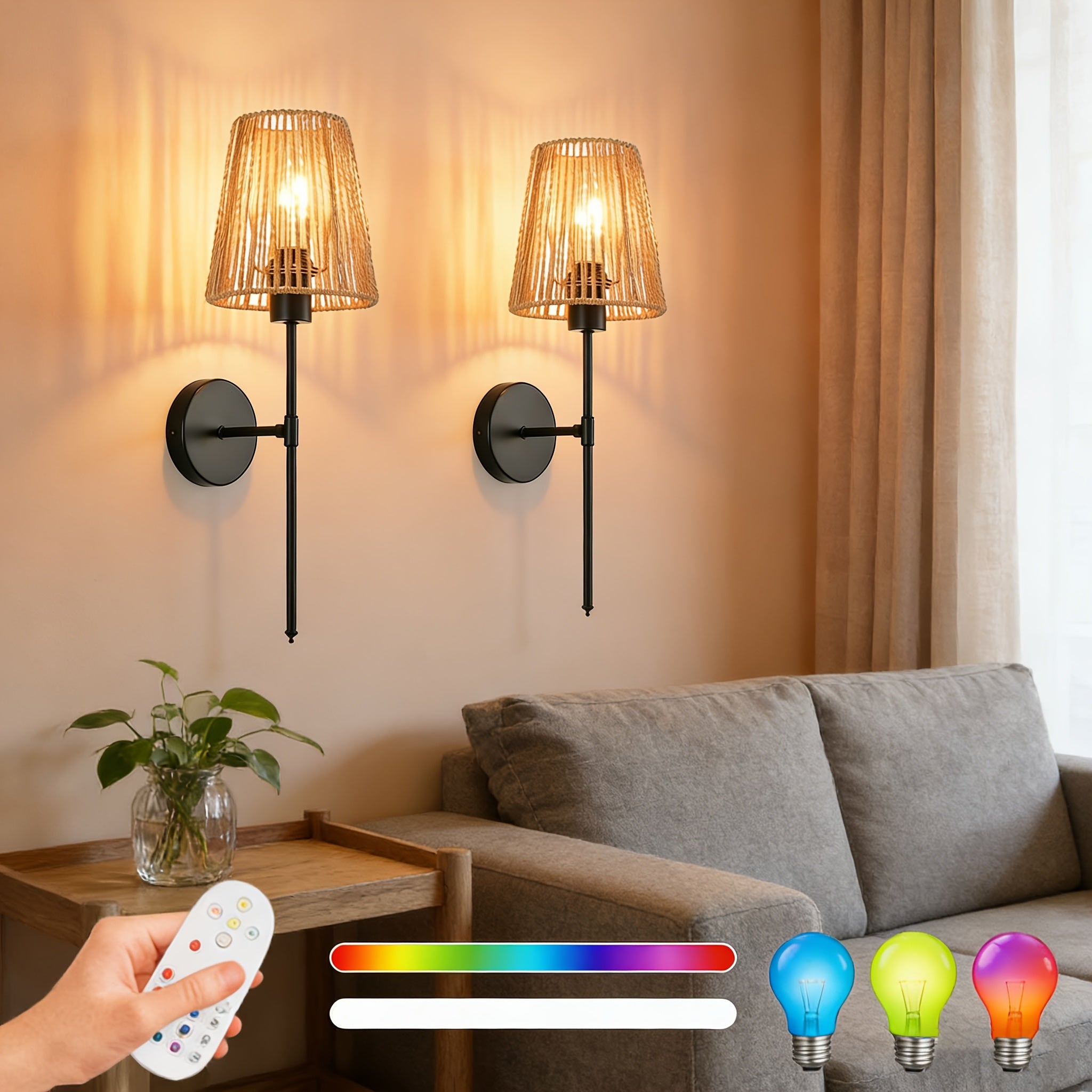 2 Battery Operated Wall Lights, Rechargeable Dimmable 15-Color LED with Remote Control, Linen Shade, Modern Style, Suitable for Bathroom and Living Room, Semi-Flush Mount Installation