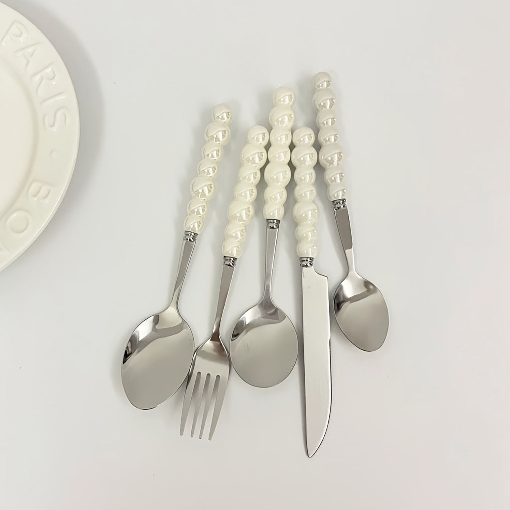 8/12/16Pcs Ceramic Handle Cutlery Set, Stainless Steel Knife Fork Spoon Set, Novel Creative Pearl-Shaped Handle Fork, Soup Spoon, Rice Spoon, Perfect for Restaurant & Home Dining, Kitchen Supplies, Kitchen Accessories, Kitchen Utensil Set