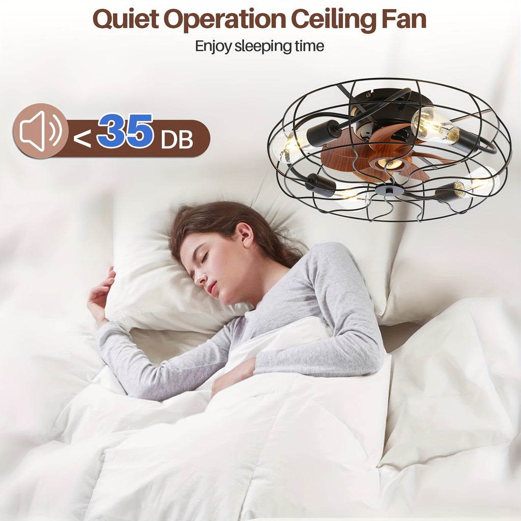 Sofucor 20" Industrial Black Recessed Cage Ceiling Fan, Indoor & Outdoor Use, Equipped with 7 ABS Blades and 4 E26 Bulb Sockets, Ideal for Living Rooms, Patios & Bedrooms