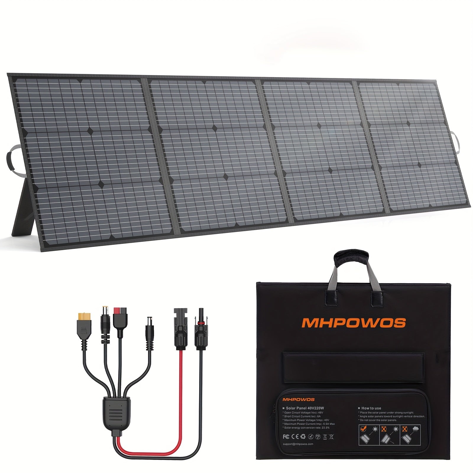 220瓦行動式太陽能發電板，適用於露營電源站，露營必備品，220W 40V可摺疊太陽能板配太陽能線，23.5%高效發電，帶4個支架，適用於露營房車停電時使用。萬聖節秋季主題