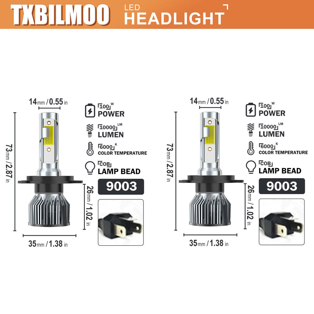 9003 H4 TXBILMOO 2-Pack LED Headlight Bulbs High/Low Beam Set Bright White 10000Lm, No Battery Included