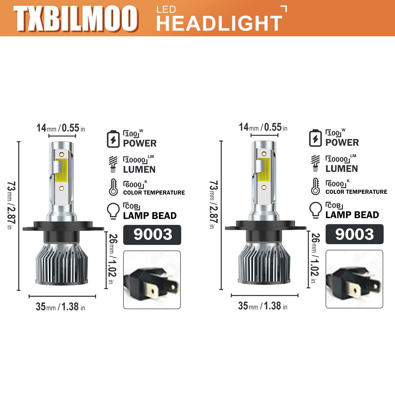 9003 H4 TXBILMOO 2-Pack LED Headlight Bulbs High/Low Beam Set Bright White 10000Lm, No Battery Included