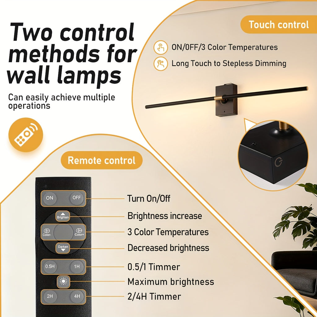 /2-Piece Modern Black Gold Cordless Wall Light with Remote Control and USB Charging, Rechargeable Lithium Battery Powered (No Plug-In Required), Stepless Dimming Sleep Mode and Memory Function, 3-Color Stepless Dimming