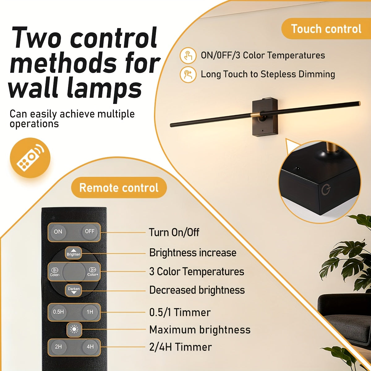 /2-Piece Modern Black Gold Cordless Wall Light with Remote Control and USB Charging, Rechargeable Lithium Battery Powered (No Plug-In Required), Stepless Dimming Sleep Mode and Memory Function, 3-Color Stepless Dimming