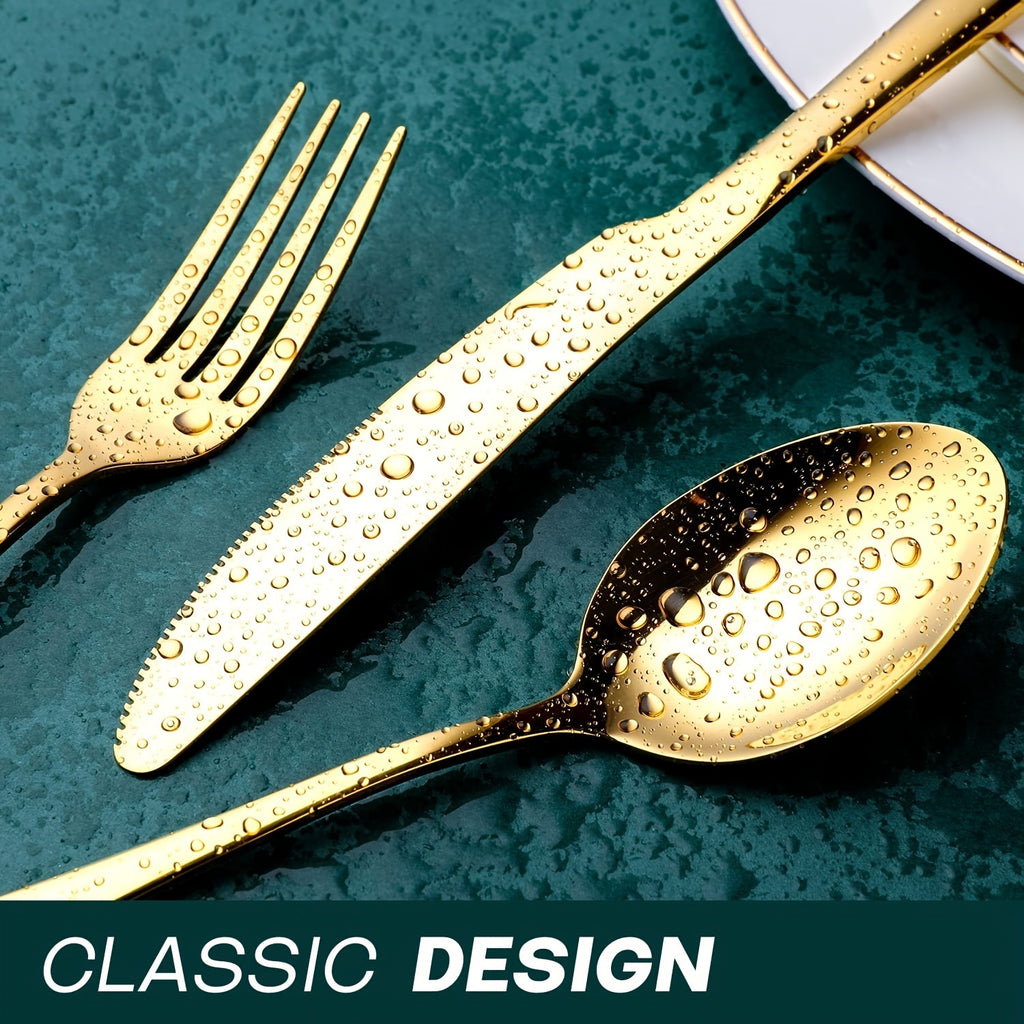 24-Piece Elegant Stainless Steel Black Cutlery Set – Classic 24-Piece Knife, Fork & Spoon Gift Box Set – Mirror Polished 6-Person Gold Cutlery Set with Gift Box Packaging – Dishwasher Safe – Perfect for Weddings, Parties, Restaurants, Hotels