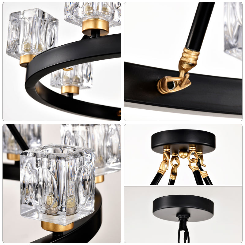 Matte black + gold wagon wheel pendant light, farmhouse modern small crystal round chandelier, suitable for living room, kitchen island, foyer, hallway, entryway, bedroom, rustic dining room lighting ceiling hanging