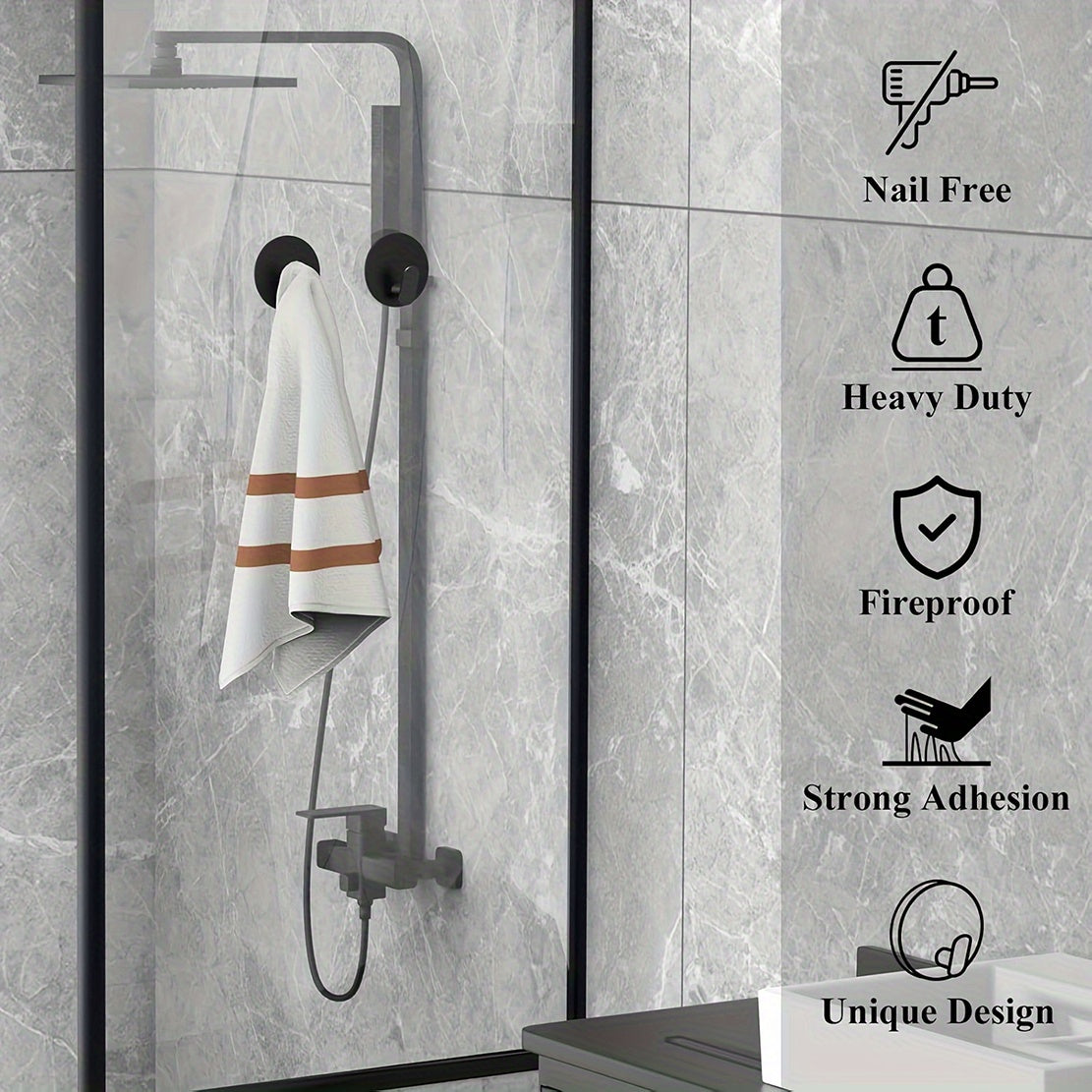Modern Black Wall Hook - Easy Install Adhesive Towel Hook for Bathroom & Kitchen - Durable Robe, Clothes, Hat & Key Holder | Bathroom Accessories
