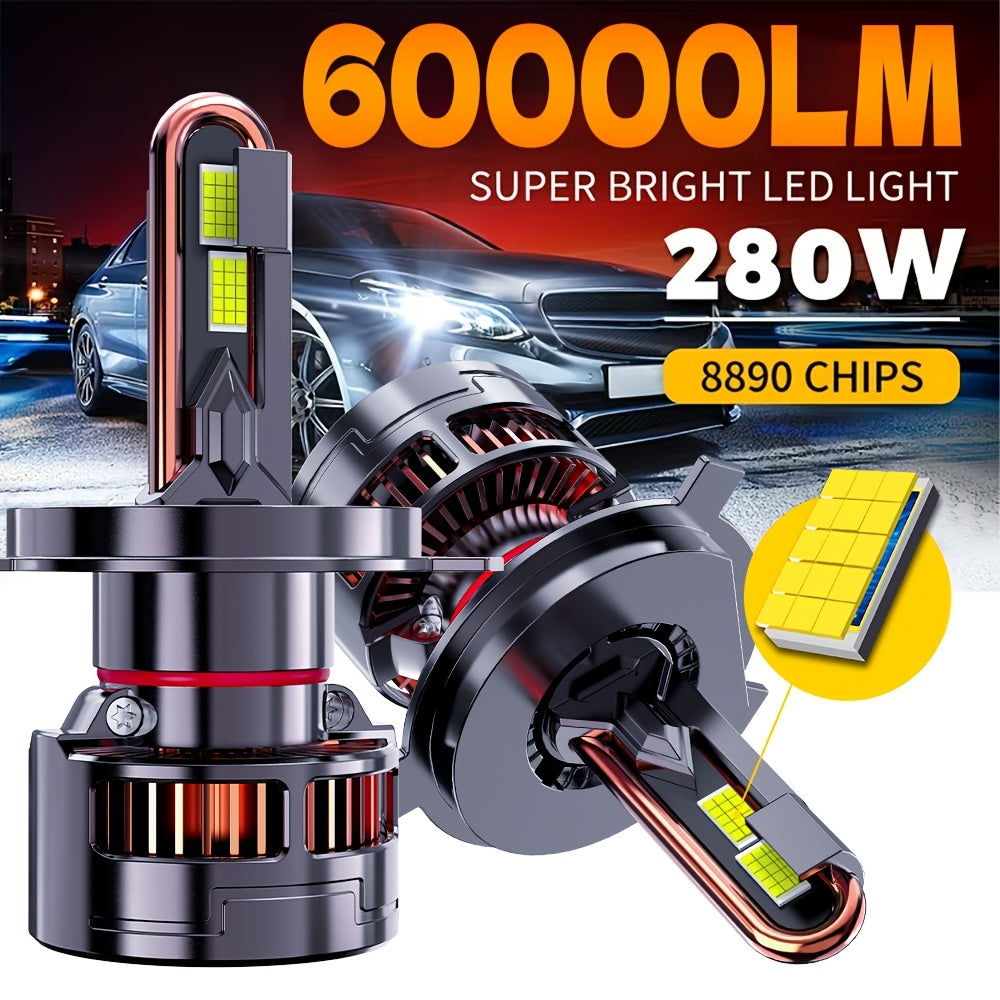 2-Pack H4 LED Car Headlight Bulbs | 60,000 Lumens, 280W, Compatible with H1, H4/9003/HB2, H7/H18, H11/H9/H8, 9005/HB3, 9006/HB4