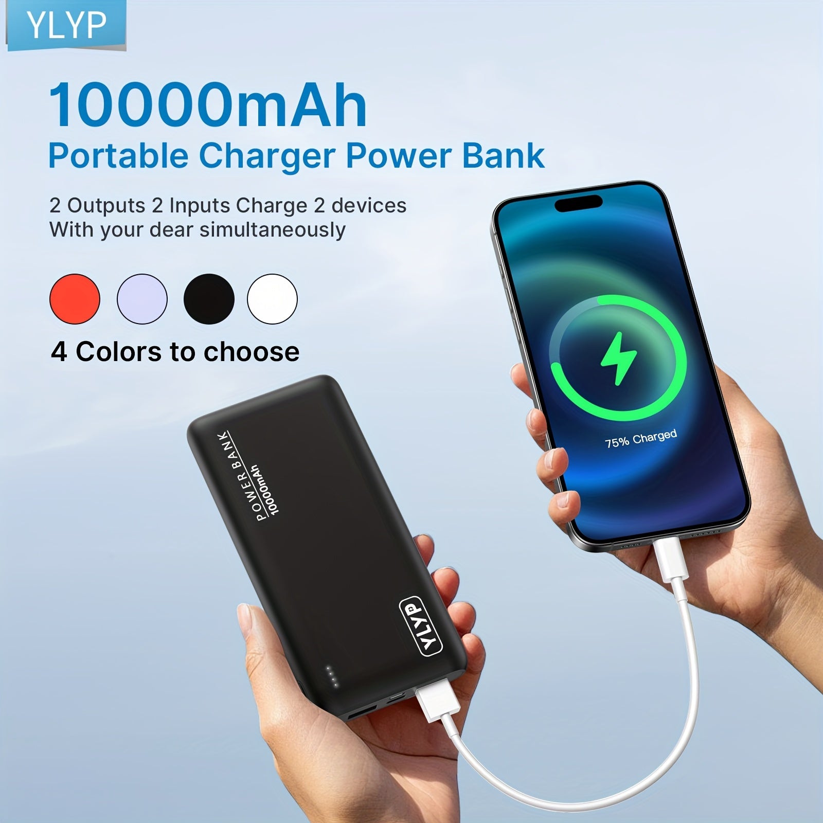 YLYP 1pc Ultra Slim 10000Mah Portable Charger Power Bank, Featuring an LED Light Display, Designed for Travel/Outdoor Emergency Backup, Dual USB Output, Type-C/Micro Input Interface