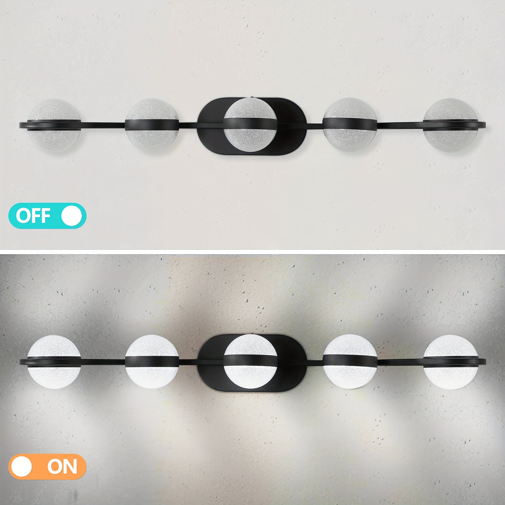 35.4-Inch 5-Light Bathroom Vanity Light, Elegant Bathroom Wall Light, Modern Minimalist Bathroom Vanity Light, with LED Light and Frosted Acrylic Shade, Wall-Mounted Decorative Lighting, Suitable for Bathroom, Living Room, Bedroom (Black)