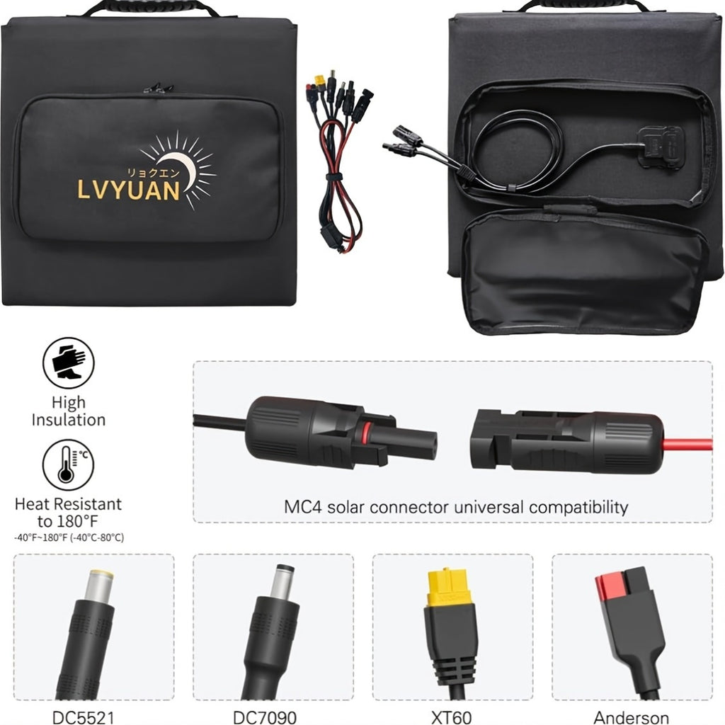 LVYUAN 可攜式太陽能板，提供 120W、200W、300W 和 400W 的選項，採用可折疊設計和高效單晶太陽能電池，效率高達 22.5%，非常適合戶外活動、船隻、露營