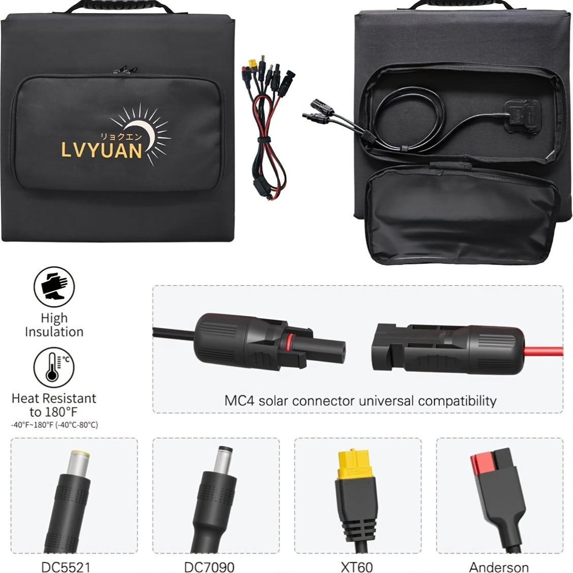 LVYUAN 可攜式太陽能板，提供 120W、200W、300W 和 400W 的選項，採用可折疊設計和高效單晶太陽能電池，效率高達 22.5%，非常適合戶外活動、船隻、露營