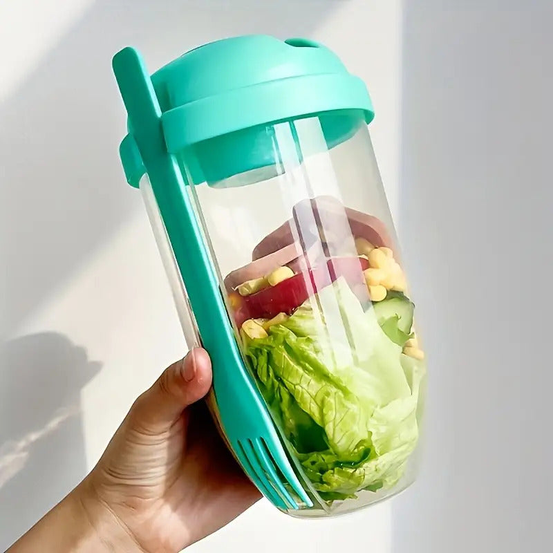 lastic Salad Cup with Fork & Dressing Container – Leak-Proof Lid, Built-In Fork Holder, Portable & Durable Lunch Box – Perfect for Picnics, Lunch, Breakfast – 4 Colors (Pink, Teal, White, Blue)