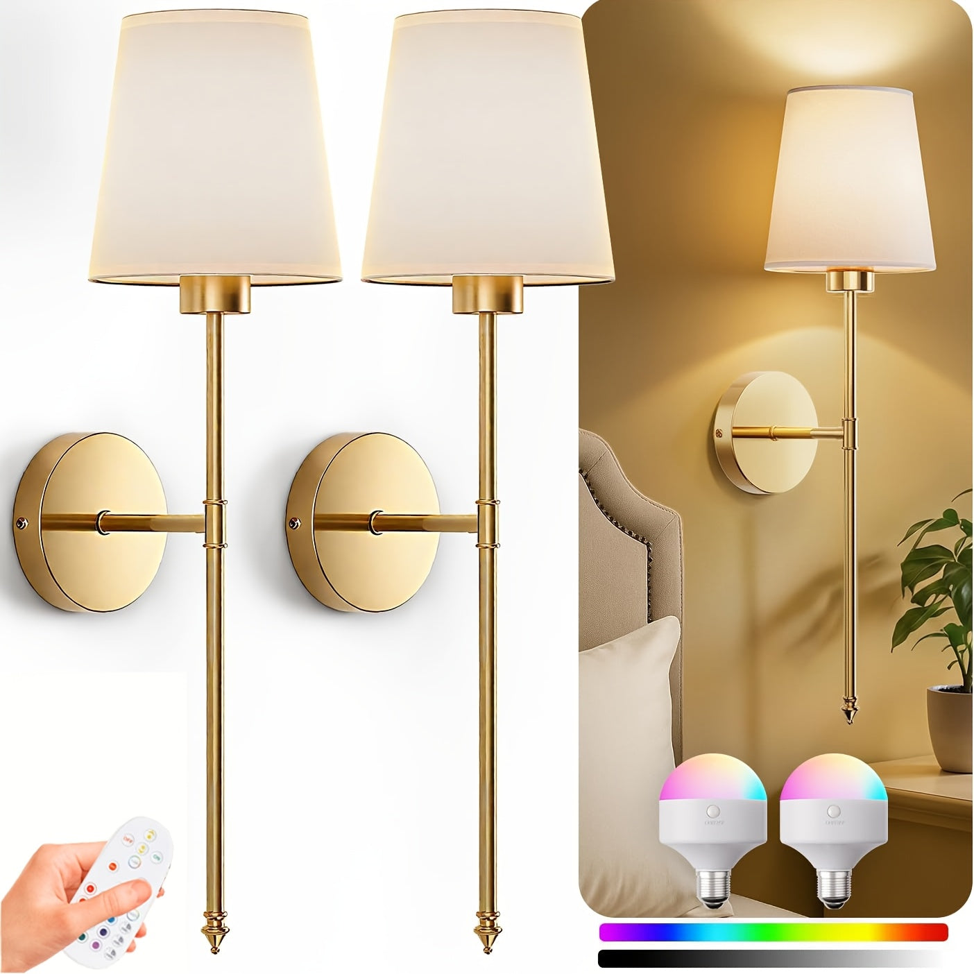 Wall Light Battery Operated 2-Piece Set Rechargeable Wall Light 10-Color Wireless Wall Light 2 Sets, Dimmable Bulb and Remote Control, Suitable for Bedroom, Living Room, Hallway Decoration