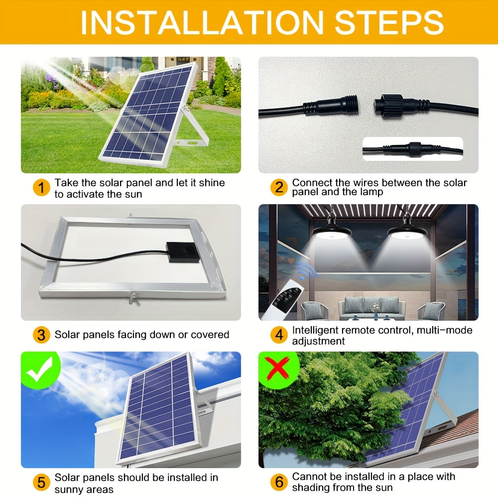 Solar pendant light with motion sensor, one-to-two dual-head dual remote control, waterproof solar barn light, multiple modes adjustable brightness, soft light eye-friendly, suitable for indoor and outdoor, barn, chicken coop, workshop