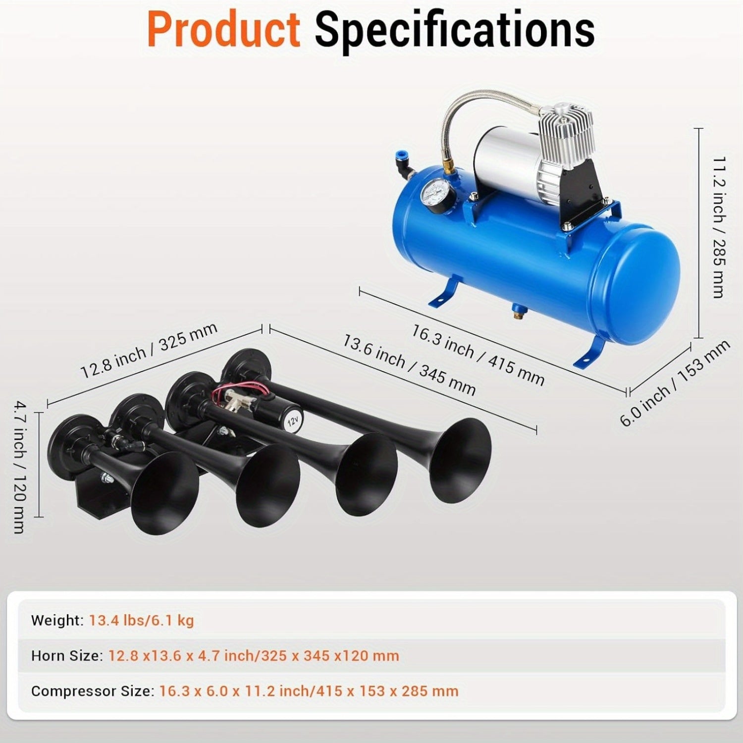 4-Horn Steel Train Horn Kit, 12V 135dB Truck Air Horn Kit with 1.6 Gallon Air Tank & 150 PSI Air Compressor, All-Weather Year-Round Use, Fits Pickup Trucks, Cars, Motorcycles, Semi-Trucks, Jeeps, RVs, SUVs, Vans, Boats, Blue