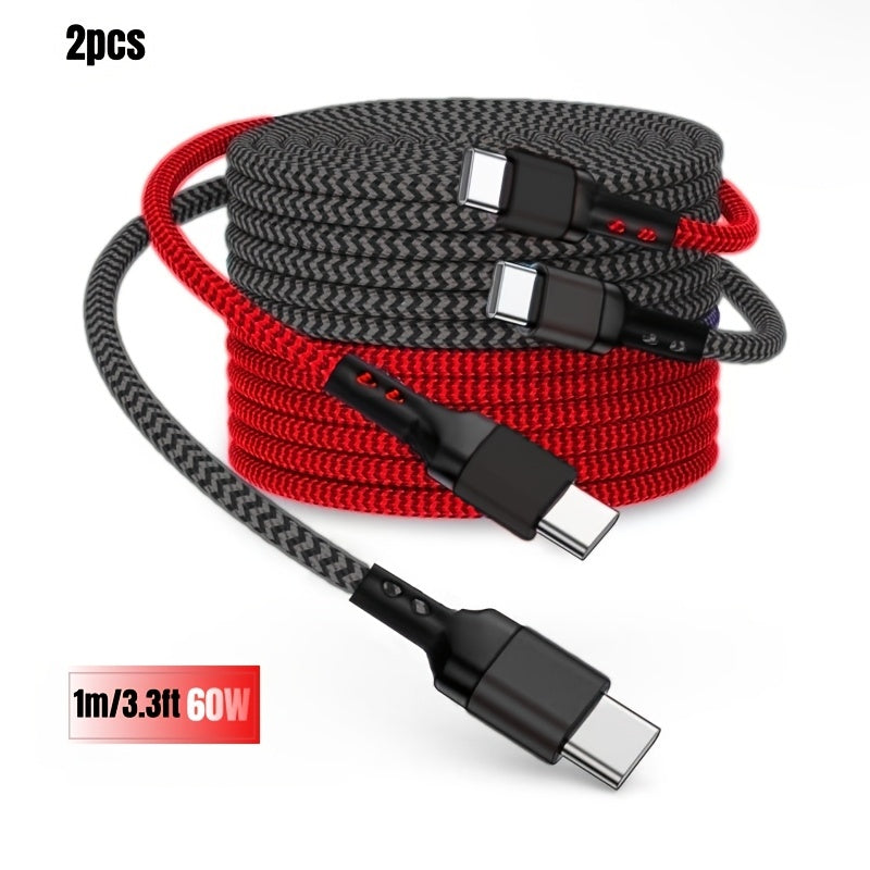 A Set of Two 60W Super Fast Charging Type C to Type C Data Cables, Suitable for Devices Like Samsung, Iphone 15/16, Macbook/Ipad, Xiaomi, And More