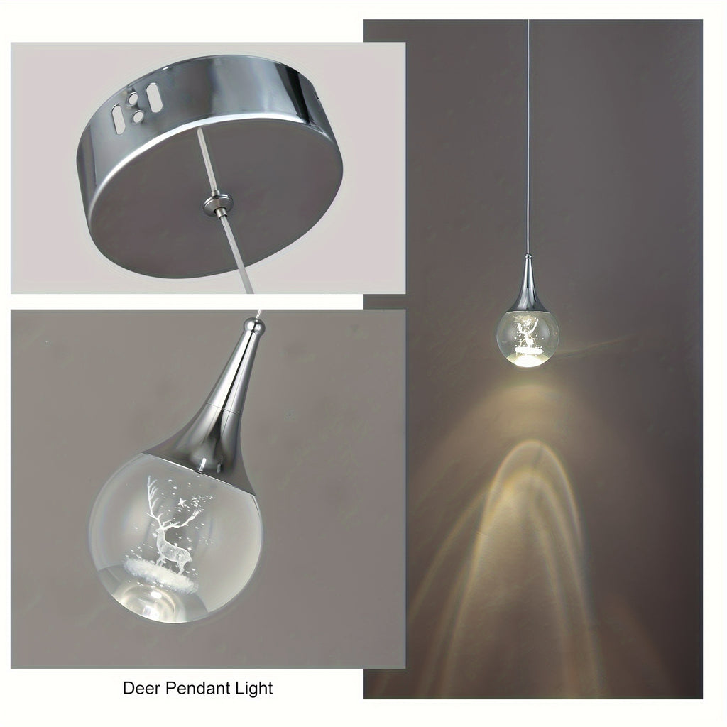 Enncll modern chrome globe LED pendant light, with 3D deer crystal lampshade - adjustable hanging height, polished metal finish, warm 3200K light, suitable for kitchen island, dining room or bar, elegant teardrop design