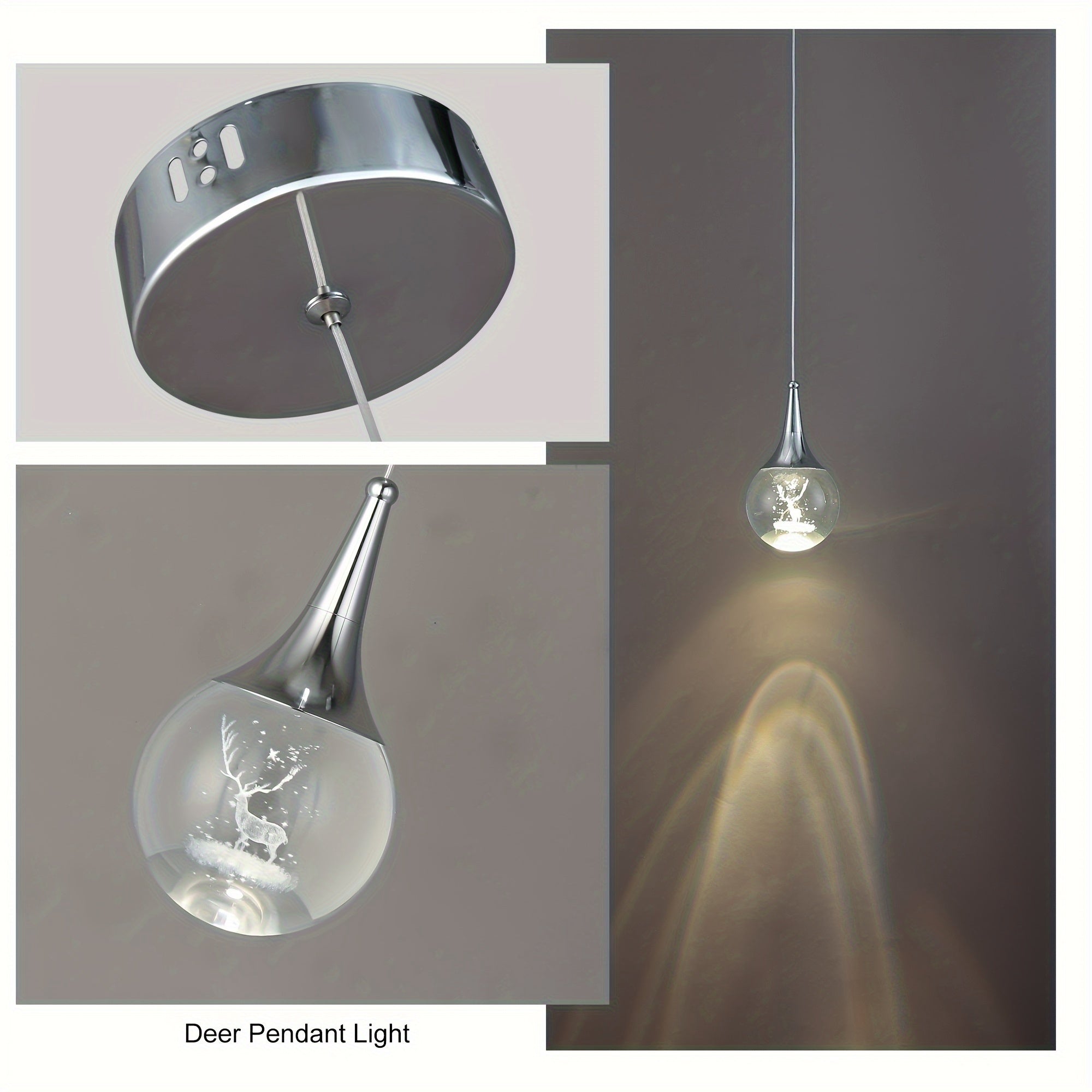 Enncll modern chrome globe LED pendant light, with 3D deer crystal lampshade - adjustable hanging height, polished metal finish, warm 3200K light, suitable for kitchen island, dining room or bar, elegant teardrop design