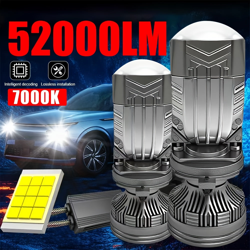 2个LED H4 LED大灯迷你透镜LED 52000流明 H4/9003/HB2-QD086汽车灯高低光束Canbus 9570 CSP芯片LED灯泡12V，摩托车前灯7000K白色，无电池