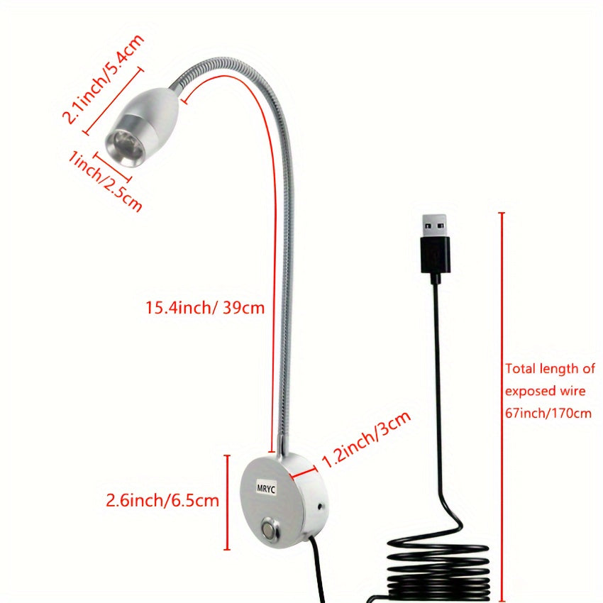 Reading light spotlight, wall-mounted lamp with flexible gooseneck, touch dimmable switch, three color modes, bedside night light suitable for bed, headboard, desk