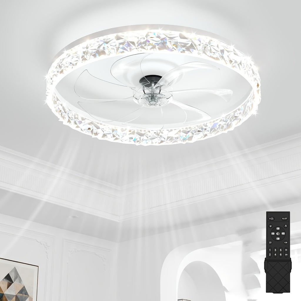 20 Inch Modern Low Profile Flush Mount Ceiling Fan Light, Remote Control, Quiet Reversible Motor, 6 Speed Levels, Dimmable LED Light, White Design for Bedroom Indoor Room