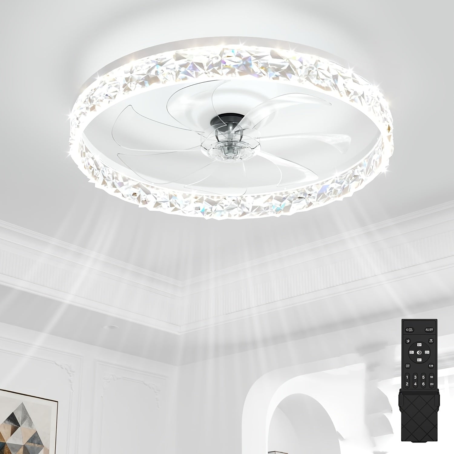 20 Inch Modern Low Profile Flush Mount Ceiling Fan Light, Remote Control, Quiet Reversible Motor, 6 Speed Levels, Dimmable LED Light, White Design for Bedroom Indoor Room
