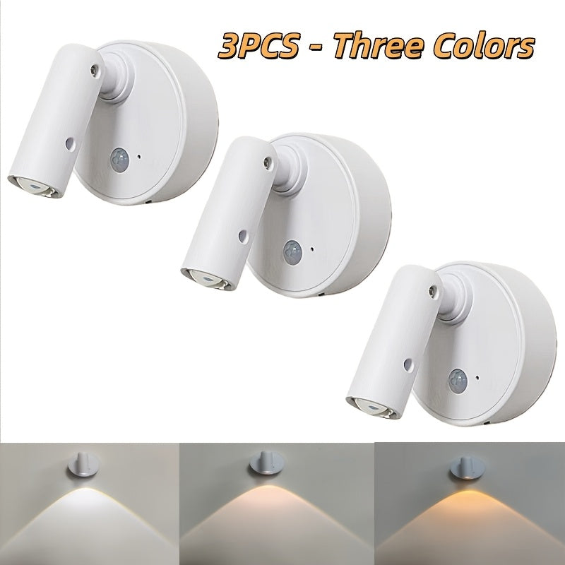 Modern style round sensor wall light, ambiance spotlight, LED wall light set (3-pack) - 350-degree rotatable indoor lighting lamp, three-color dimmable + RGBW multiple colors, Type-C charging + large capacity battery