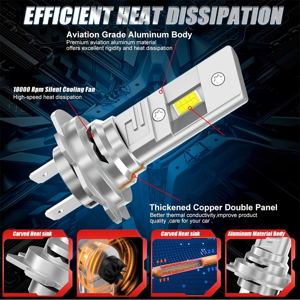 Carlitek 2个H7 H4 H3 H11 9006 LED车头灯泡 6500K,7035芯片,12V,即插即用,散热风扇,汽车照明升级,汽车爱好者