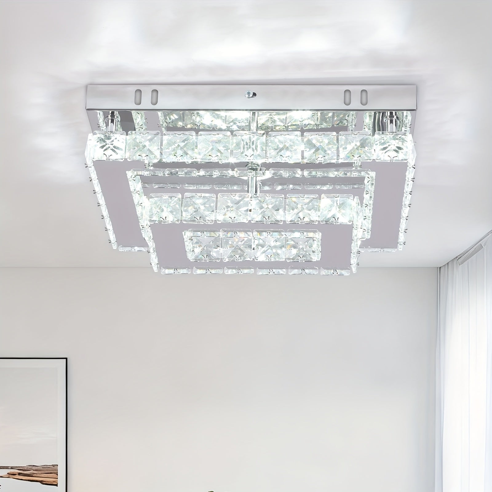 LED Crystal Ceiling Light Modern Rectangular Recessed Pendant Light K9 Stainless Steel Ceiling Light Suitable for Living Room Bedroom Dining Room (Cool White Light)