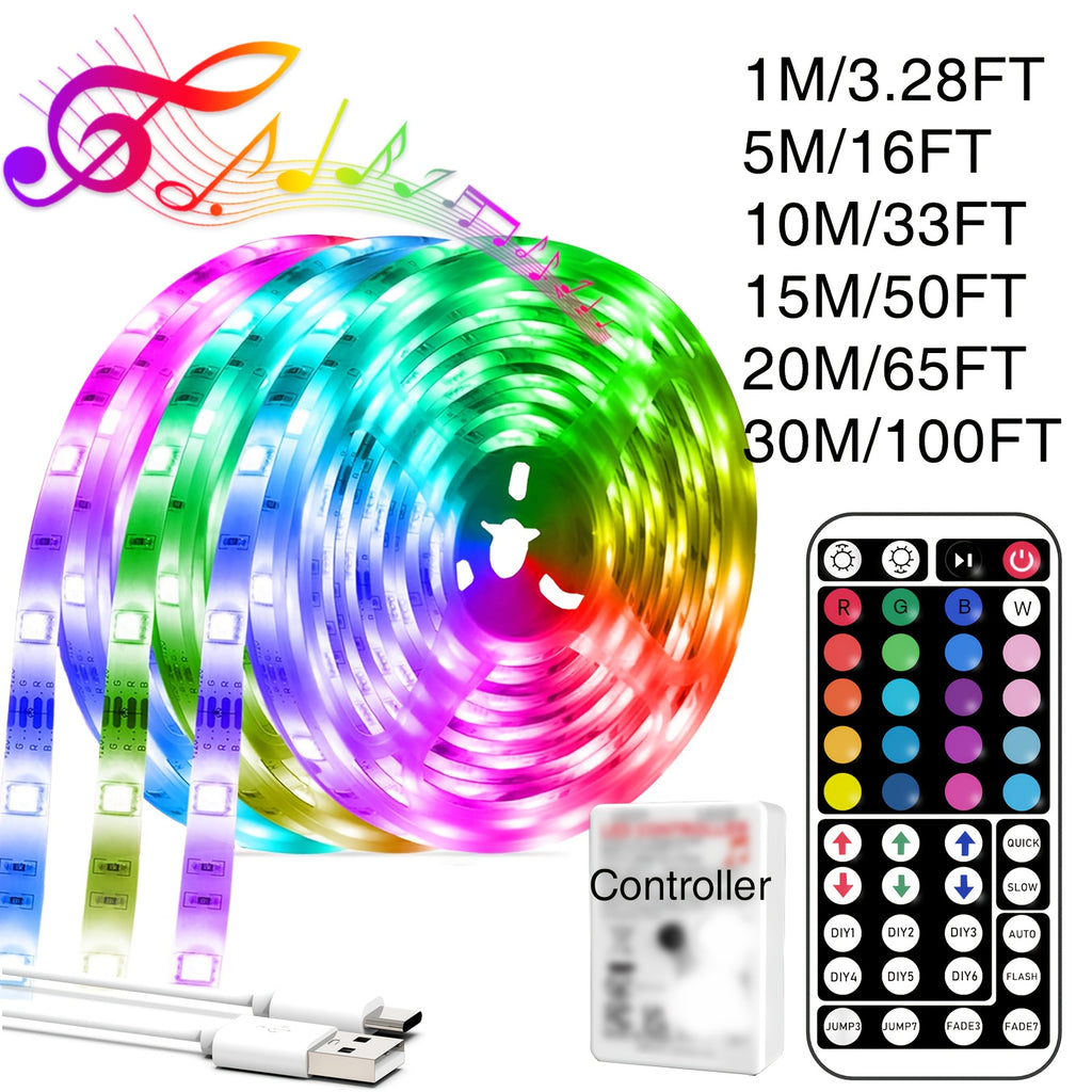 NBBUFF 卧室 LED 灯条，39.37英寸-1181.1英寸，RGB 灯带，带 44 键遥控器，颜色可调，USB 供电，适用于床头客厅，节日礼物，游戏派对装饰灯，电视背景灯，万圣节，婚礼酒吧装饰