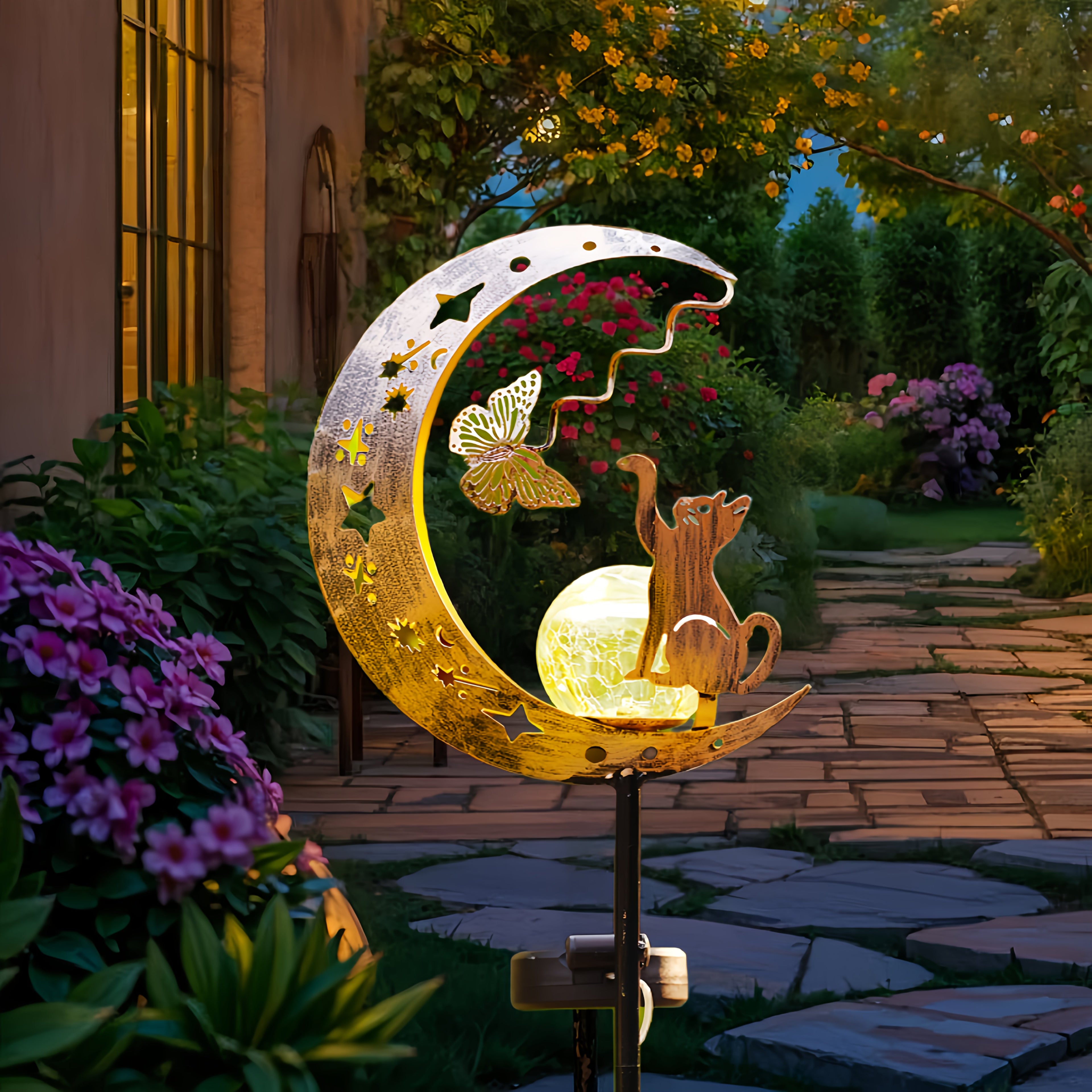 IP65 Solar Cat and Butterfly Outdoor Decorative Light, Solar Garden Metal Decorative Light, Solar Light Holiday Outdoor Display Lighting, Solar Garden Light, Solar Landscape Decoration, Suitable for Garden, Courtyard, Path, Gazebo
