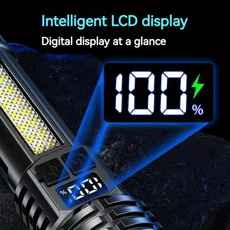 1Pc Super Bright XHP70 Powerful LED Flashlight, Power Bank Flashlight, USB Rechargeable Camping Tactical Flashlight with COB Light, Ideal for Camping and Emergency Use