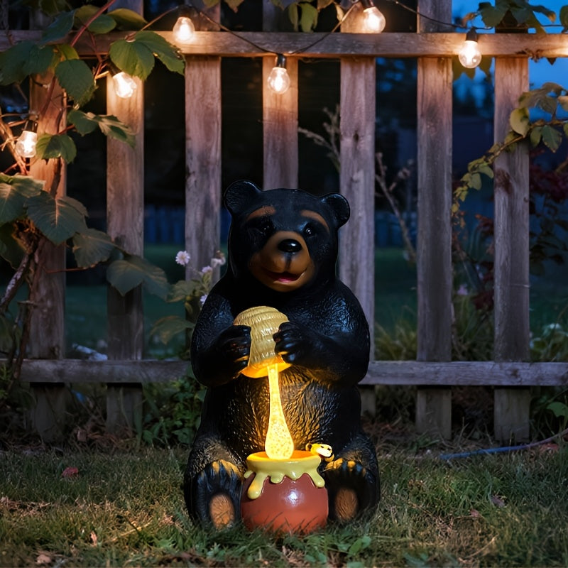Black Bear Squeezing Honey Light, Non-Flat Printing, Resin Craft Statue Ornament Solar Light, Bear Statue Garden Resin Craft, Art Decoration with Solar LED Light, Landscaping DIY Garden Sculpture, Courtyard Lawn Home Decoration