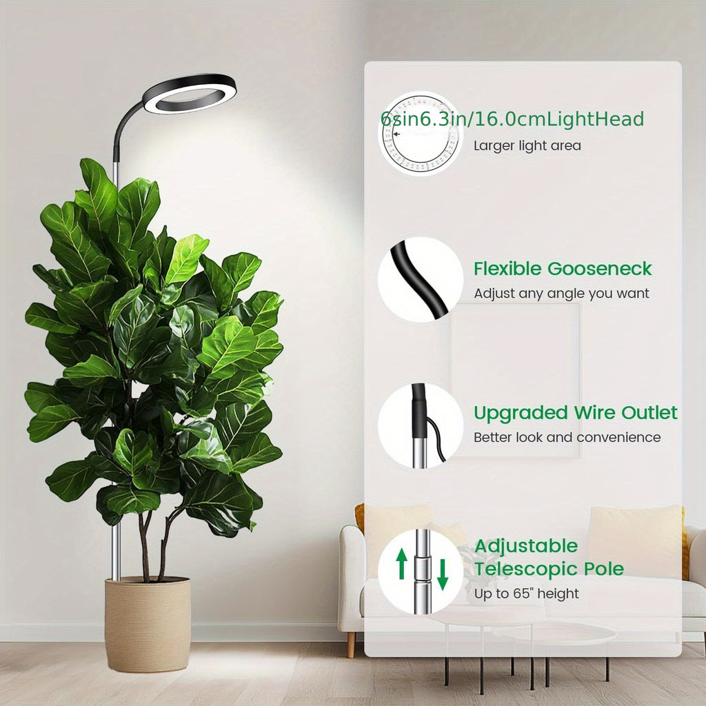 Plant Grow Light, Full Spectrum Indoor Grow Lamp with Gooseneck, 3 Color Temperature Modes & 10-Level Dimmable, 3/6/12H Timer, 65-Inch Tall, Ideal for Large Plants